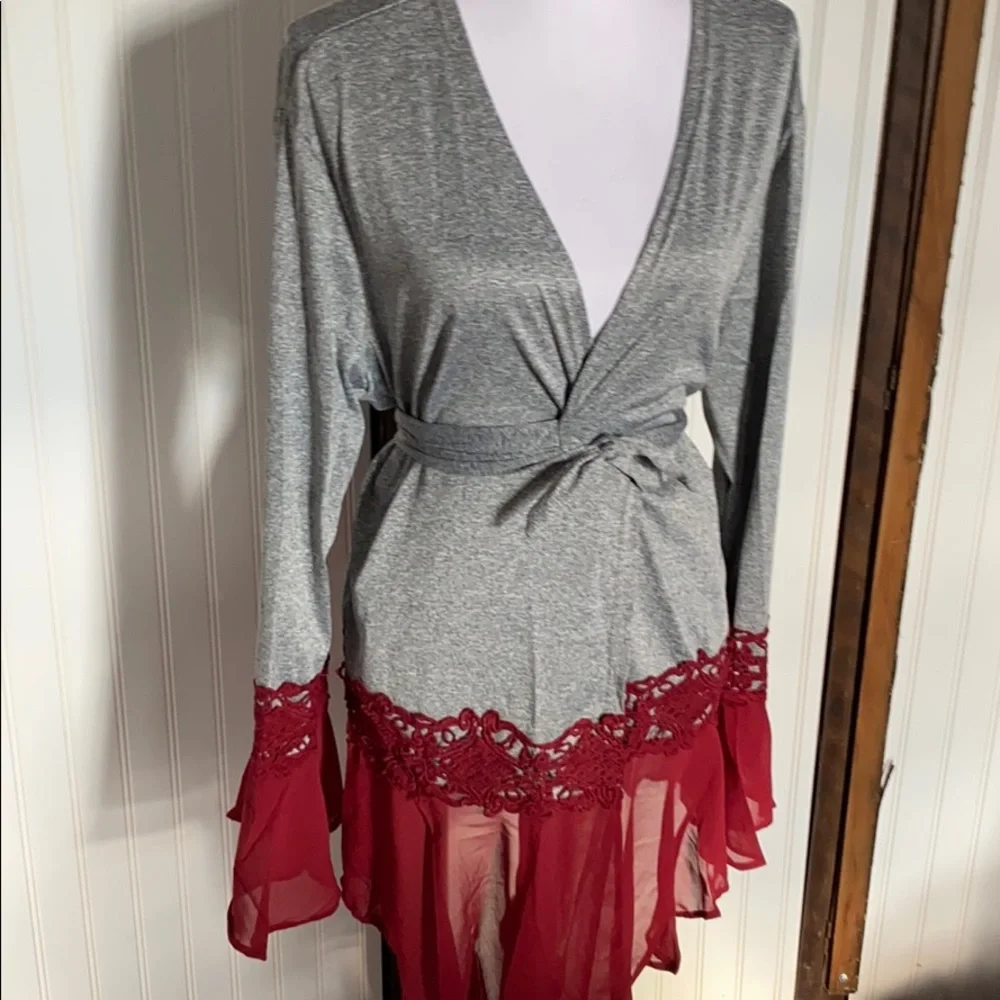 Silky sexy gray and red lace Kimono robe tie waist bell batwing sleeves s m l - Picture 8 of 9